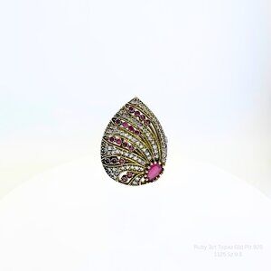 Handmade Jewelry Ruby Statement Ring Gold Plated 925 Silver Size 9.5 Resizable